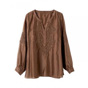 宝诗黎V领钉珠刺绣长袖衬衫2026春季洋气复古休闲百搭宽松衬衣女