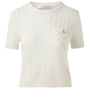【亚麻】LANCY/朗姿夏季新款气质高级感圆领绞花短袖针织衫T恤女