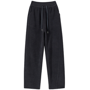 灰色加绒加厚弯刀阔腿裤女2025新款秋冬季羊羔绒直筒休闲运动卫裤