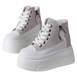 厚底高帮鞋内增高12CM超高跟小个子休闲绒面松糕棉鞋女瘦瘦女短靴