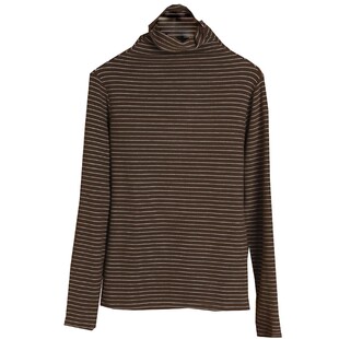 咖啡色高领条纹打底衫女秋冬新款热皮内搭堆堆领正肩修身T恤上衣