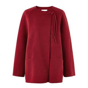 秋水伊人新中式大红双面毛呢外套2025年冬季新款女100%绵羊毛大衣