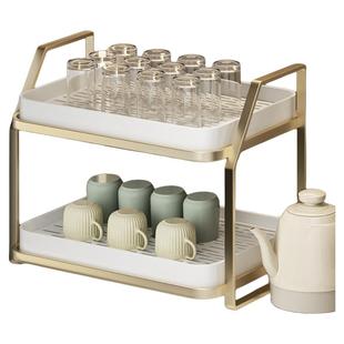 杯子收纳置物架杯架子放水杯茶杯茶具储物架桌面双层沥水托盘家用