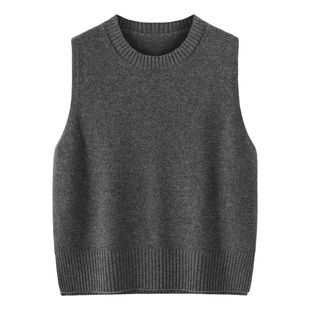 高级灰加厚100%纯羊毛针织马甲女25秋冬圆领宽松无袖叠穿毛衣背心
