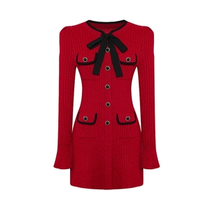 Maison Wester2025年冬季新品千金风红针织裙子黑飘带修身连衣裙