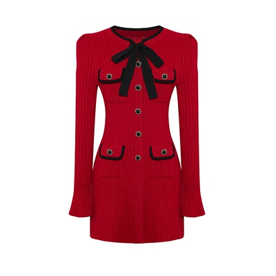 Maison Wester2025年冬季新品千金风红针织裙子黑飘带修身连衣裙