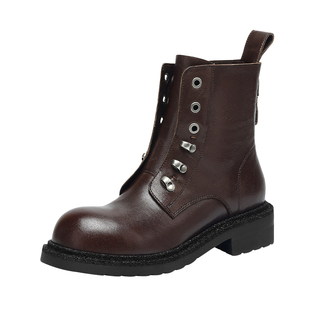 MILLIE'S/妙丽真皮圆头系带马丁靴女2026秋酷飒通勤侧拉链短靴P