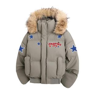 查尔斯桃心美式连帽毛领棉衣男女冬季新款超厚加厚防寒棉服外套潮