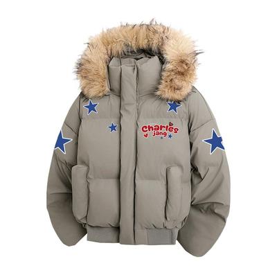 查尔斯桃心美式连帽毛领棉衣外套