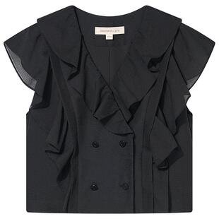 Goodland美地女装2025夏季新款法式欧根泡泡纱v领荷叶边短袖上衣