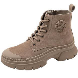 康莉羊毛里厚底马丁靴女冬新款加绒真皮复古工装靴短靴女鞋靴子