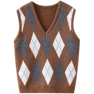 Brandy girl美式复古学院风菱形格子撞色BM针织马甲背心马夹女