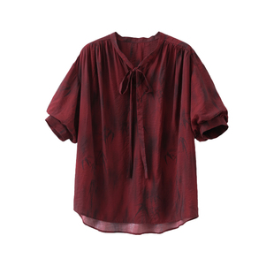 【到手299元】新中式竹影印花飘带v领衬衫国风红色宽松短半袖上衣