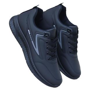 防水防滑男鞋子潮鞋秋冬季新款休闲鞋软底跑步鞋黑色皮面运动鞋男