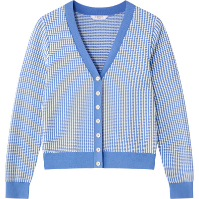 蓝色V领纽扣针织条纹开衫女通勤