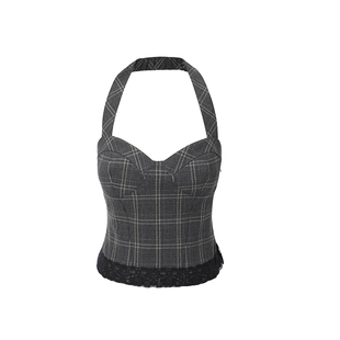 threetimes美式复古辣妹格子挂脖露背背心蕾丝拼接设计感格纹上衣