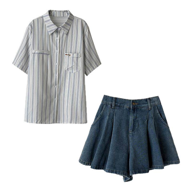 夏季甜美条纹衬衫牛仔短裙套装