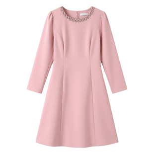 茗思粉色长袖连衣裙女2026春季新款今年流行收腰显瘦小个子裙子