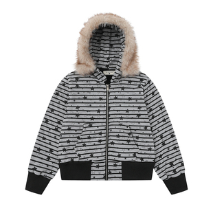 BNMGIN冬季绒衫加绒加厚条纹卫衣开衫女款韩系休闲毛领连帽厚外套