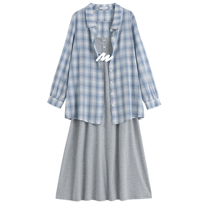 休闲时尚衬衫印花吊带连衣裙套装