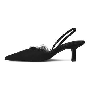 烫社交女鞋黑色布面尖头蕾丝一字带细高跟春夏气质名媛后空凉单鞋