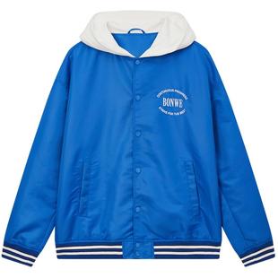 美特斯邦威棒球服夹克休闲外套男款春秋季时髦连帽单排扣撞色开衫