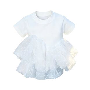 韩版儿童女童蓬蓬公主风网纱短袖T恤夏季甜美洋气裙边拼接上衣ins