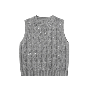 洛薇雅BC同款重工珠片100%美利奴无袖羊毛叠穿马甲圆领针织衫女