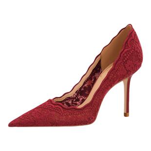 【国色佳人】rosecastle红色婚鞋女新娘鞋秀禾婚纱蕾丝网纱高跟鞋