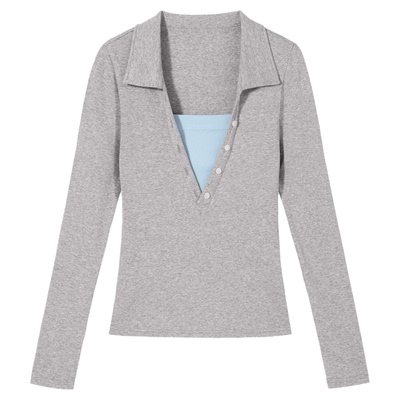 PSO Brand女装假两件大V领撞色针织长袖t恤女设计感修身黑色上衣