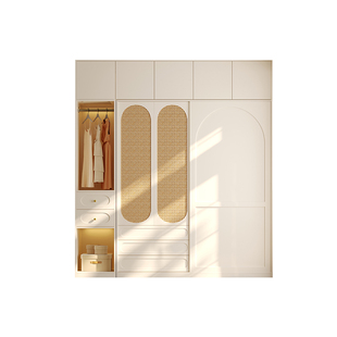 国补全实木橡木推拉门衣柜卧室法式复古风奶油风藤编门定制大衣橱