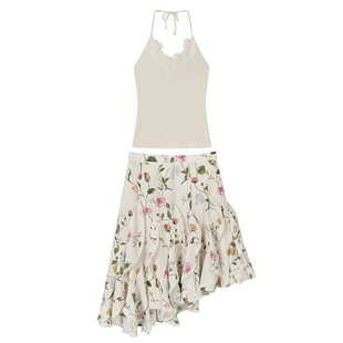 FireGolden炉2025春夏针织蕾丝吊带印花斜摆不规则半裙度假风套装