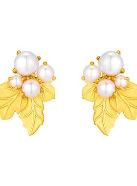 PINKBOX/娉饰珠宝雨后清晨黄金耳饰足金珍珠葡萄叶耳钉送女友礼物