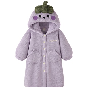 Pinksea珊瑚绒睡袍女款秋冬季长款浴袍可爱紫色茄子加厚保暖睡衣