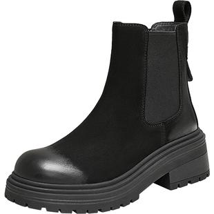 天美意复古英伦切尔西烟筒靴女鞋厚底短靴皮靴冬新款KQX01DD4