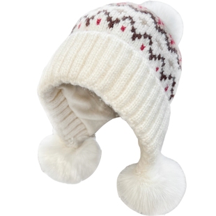 可爱毛球提花毛线帽子女冬季加绒保暖护耳针织帽后开叉羊毛包头帽
