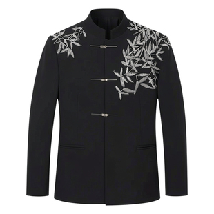 新中式中山装男士立领盘扣刺绣婚礼新郎演出服中国风主持人服装