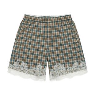 特惠6折 EMPTY REFERENCE泽西格纹蕾丝花边宽松束腰拼接短裤