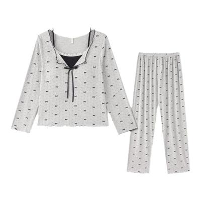 BE莫代尔带胸垫蝴蝶印花女睡衣秋