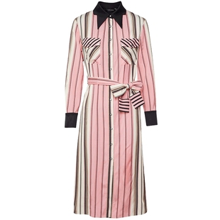 专柜正品马天奴秋冬撞色条纹系带棉质连衣裙衬衫领裙子时尚女气质