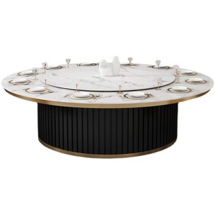 电动餐桌酒店大圆桌别墅火锅桌12人电磁炉带转盘新中式岩板实木桌