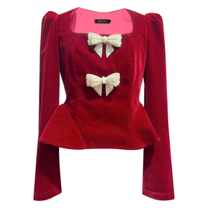 2026妍希同款法式千金风蝴蝶结收腰上衣显瘦半身裙丝绒气质女春秋