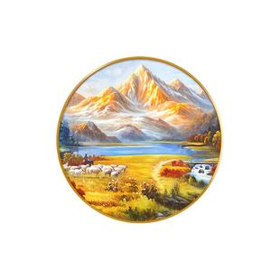日照金山丰收手绘油画圆形玄关装饰画入户正对门挂画餐厅山水壁画