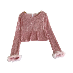 欧美风重工闪闪亮片上衣2023秋季新款设计感羽毛拼接长袖短款T恤