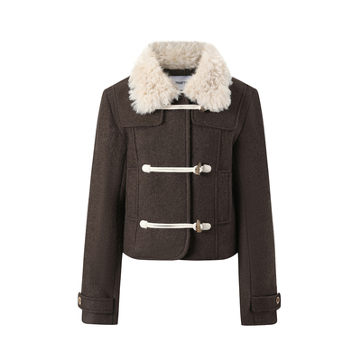 7Shiftin 原创秋冬款棕色修身牛角扣拼接夹棉毛领外套女短款上衣