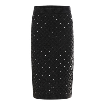 深灰色金属烫钻羊毛直筒裙