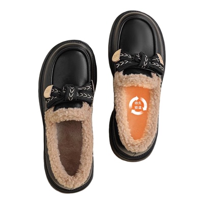 粗跟保暖棉鞋英伦风加绒乐福鞋女