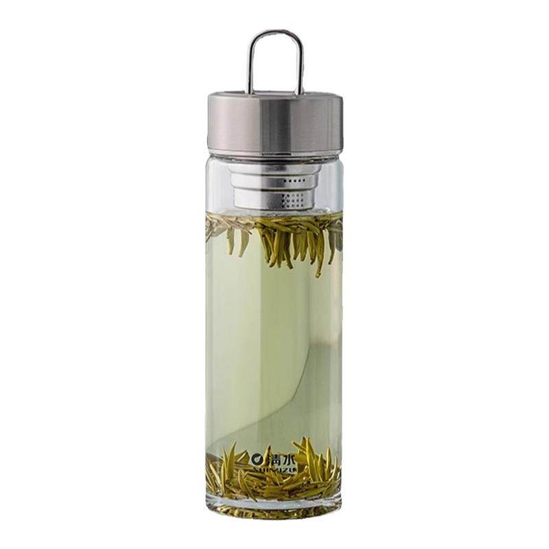清水 单层玻璃杯316茶漏加厚水杯男士便携提环杯子大容量茶杯8551