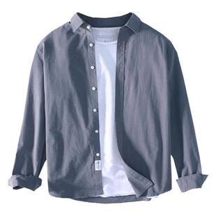 男士纯棉长袖衬衫春季薄款休闲外穿宽松春秋款上衣全棉衬衣外套潮
