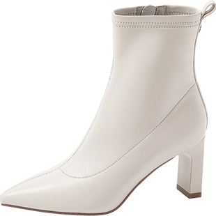 新闻女王佘诗曼同款康莉高跟白色短靴女冬新款真皮气质尖头瘦瘦靴